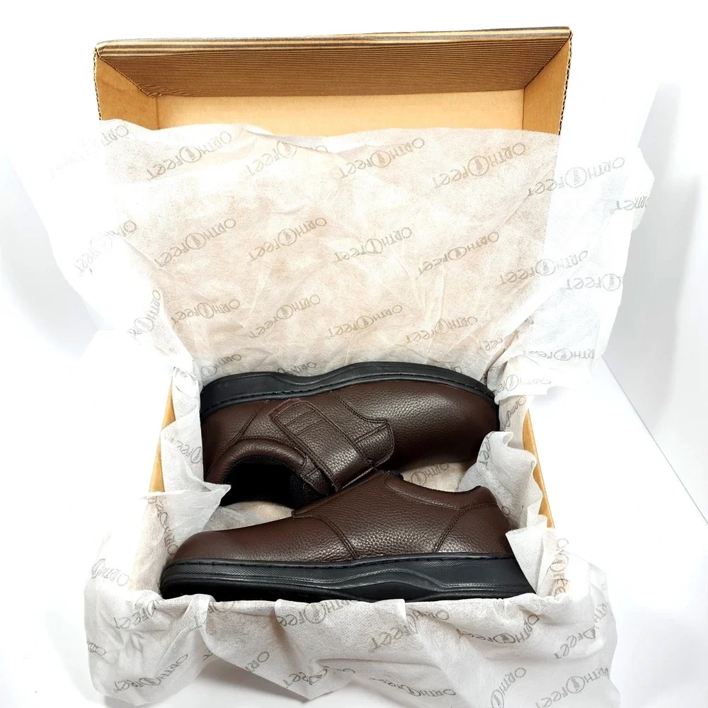 Orthofeet 520 Broadway Men's‎ 10 X-Wide Brown Leather Hook Loop Orthopedic Shoes